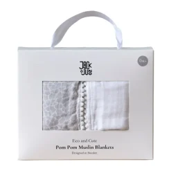 Baby Blankets^Jack o Juno Pom Pom muslin blanket 120x120 cm 2-pack, Pearl & Giraffe gray WhiteGrey