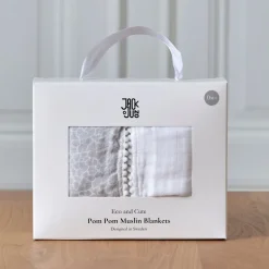Baby Blankets^Jack o Juno Pom Pom muslin blanket 120x120 cm 2-pack, Pearl & Giraffe gray WhiteGrey