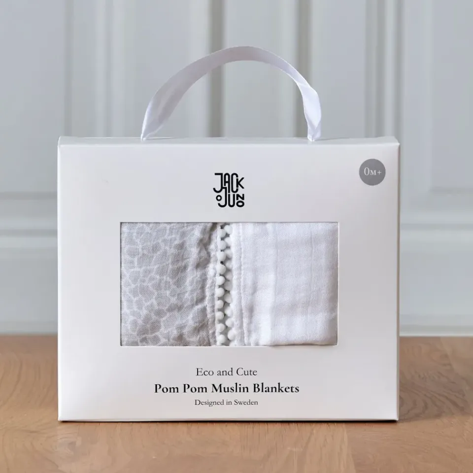 Baby Blankets^Jack o Juno Pom Pom muslin blanket 120x120 cm 2-pack, Pearl & Giraffe gray WhiteGrey