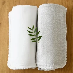 Baby Blankets^Jack o Juno Pom Pom muslin blanket 120x120 cm 2-pack, Pearl & Giraffe gray WhiteGrey