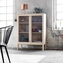 Clearance Stolab Prio cabinet high, Birch white oiled. glass door Beige