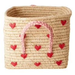Clearance RICE raffia basket with handle 30x30 cm, Red hearts BeigeRedPink