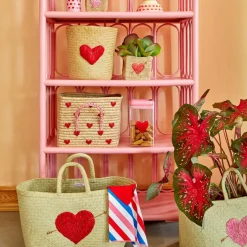 Clearance RICE raffia basket with handle 30x30 cm, Red hearts BeigeRedPink