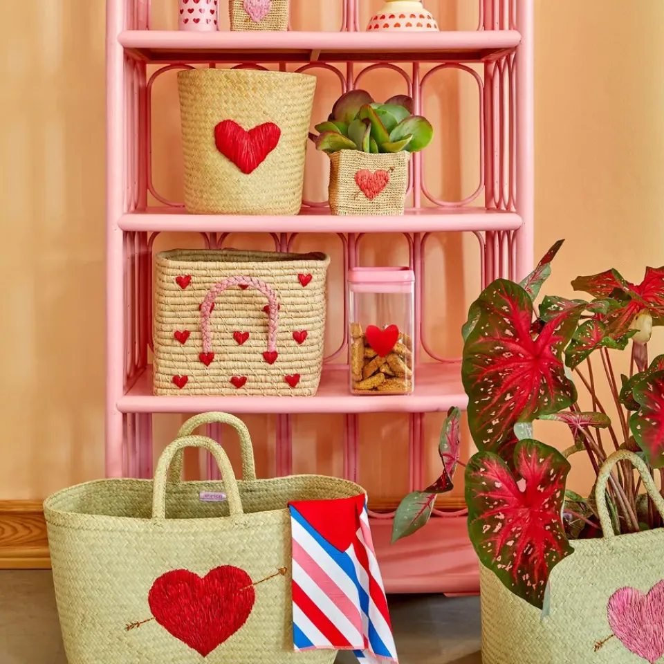 Clearance RICE raffia basket with handle 30x30 cm, Red hearts BeigeRedPink
