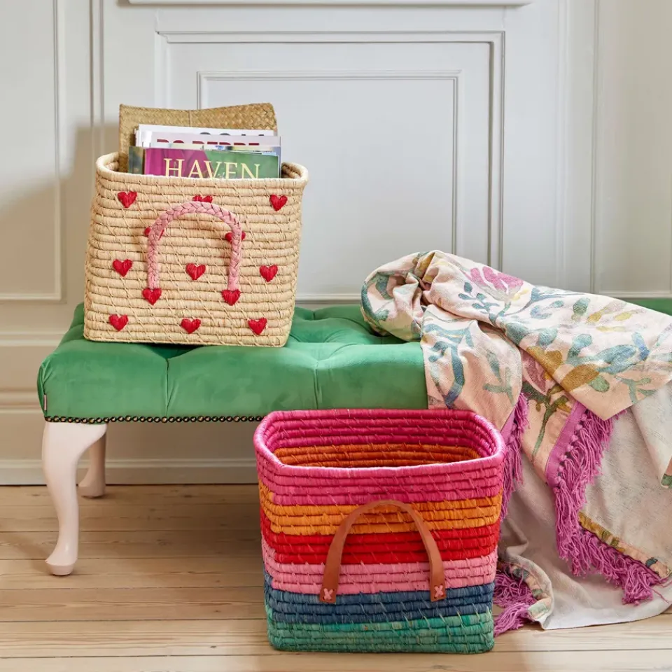 Clearance RICE raffia basket with handle 30x30 cm, Red hearts BeigeRedPink