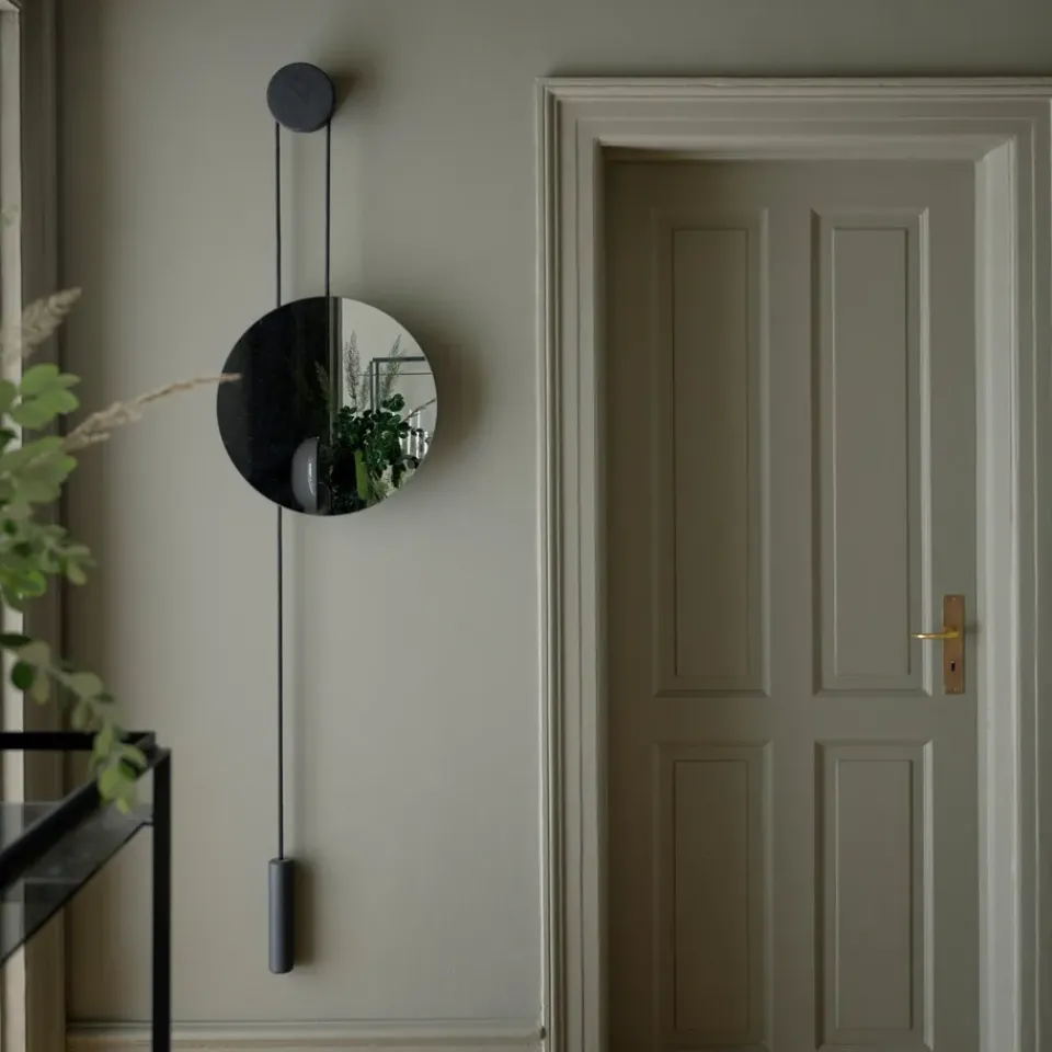 Round Mirrors|Wall Mirrors^New Works Rise and Shine mirror, Burned oak-steel weight Brown