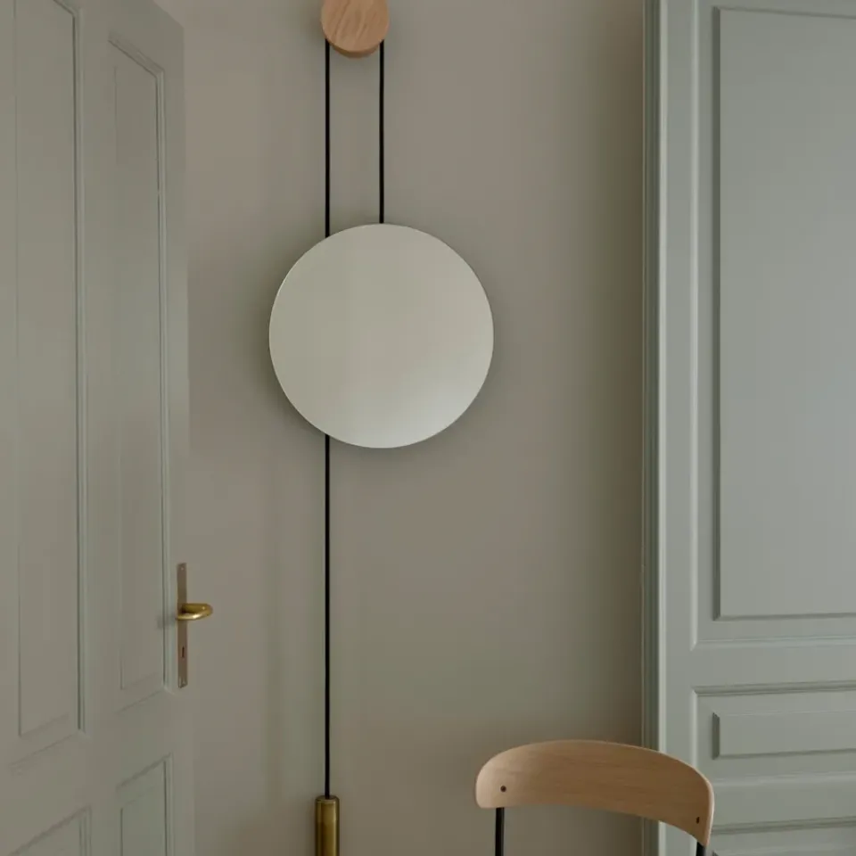 Round Mirrors|Wall Mirrors^New Works Rise and Shine mirror, Natural oak-brass weight Beige