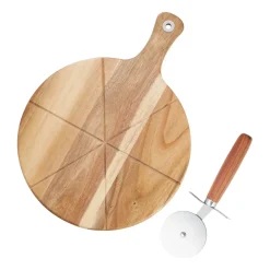 New Dorre Sade pizza set: pizza cutter, cutting board Ø32 cm, Acacia BeigeBrown