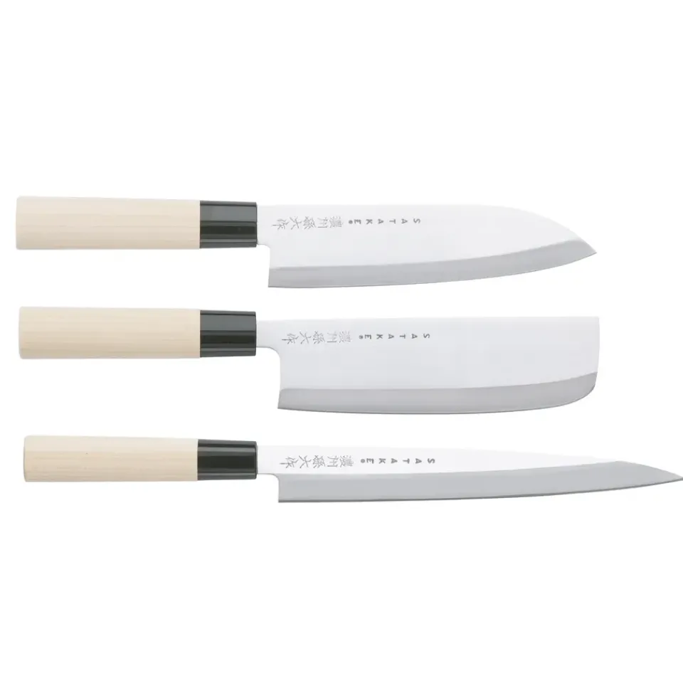 Sale Satake Houcho knife set nakiri, sashimi & santoku, 3 pieces BeigeSilver-coloured