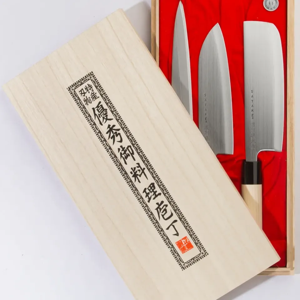 Sale Satake Houcho knife set nakiri, sashimi & santoku, 3 pieces BeigeSilver-coloured
