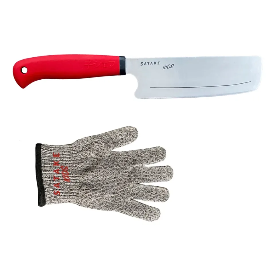 Satake Kids child knife & cut-resistant mitten, 2 pieces Silver-colouredRed