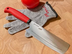 Satake Kids child knife & cut-resistant mitten, 2 pieces Silver-colouredRed