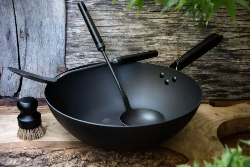 Clearance Satake wok set carbon steel, 57 cm Black