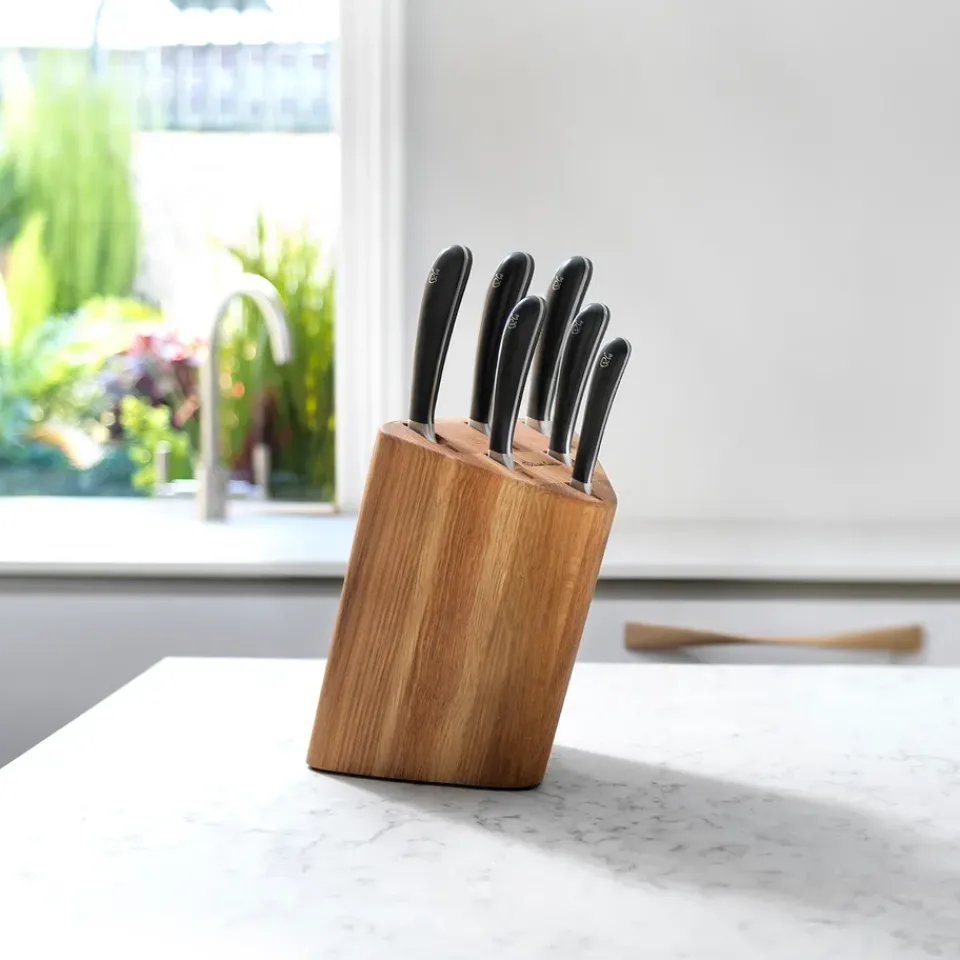 Knife Storage & Holders|Knife Blocks^Robert Welch Signature Prism Oak knife block set 7 pieces, oak BrownSilver-colouredBlack