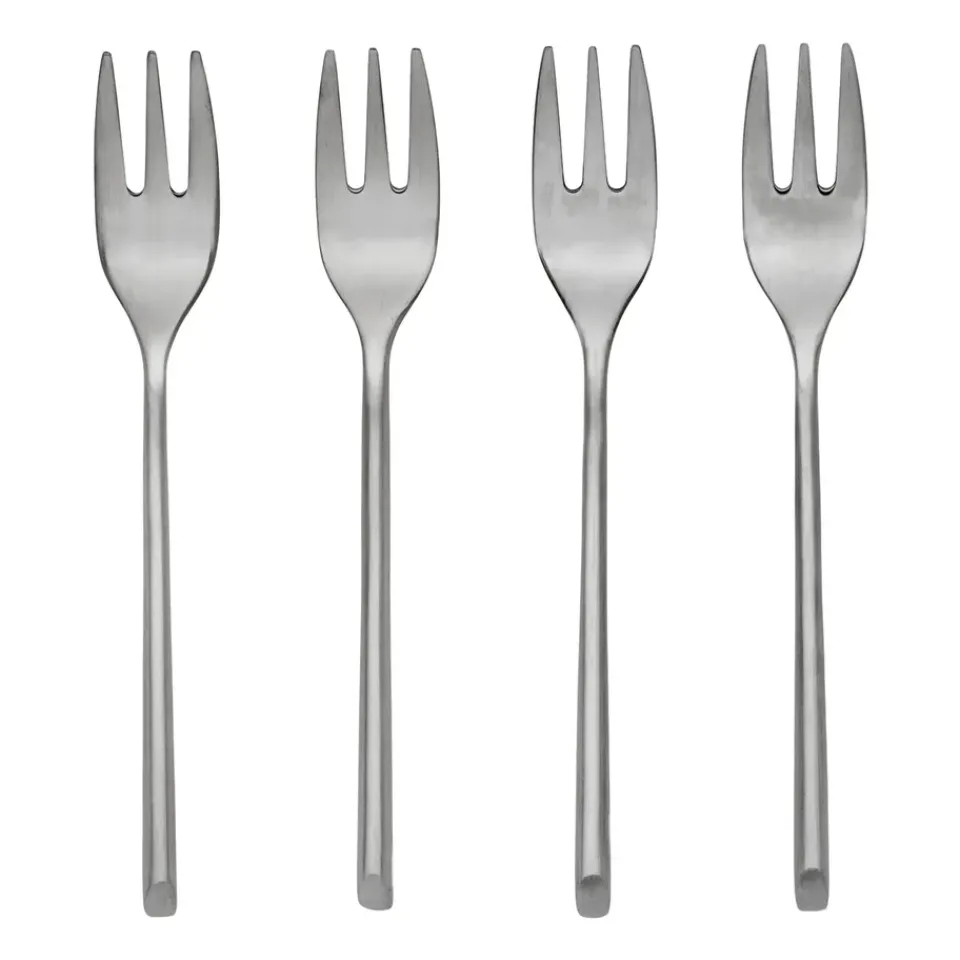 Dessert Cutlery^Broste Copenhagen Sletten cake fork 4-pack, Full satin forged Silver-coloured