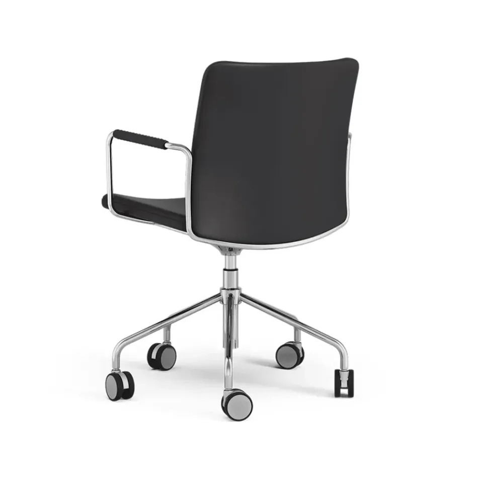 Office Chairs^Swedese Stella office chair can be raised/lowered with tilt, Leather elmosoft 99999 , chrome stand, leather-covered armrests, flexible back Black