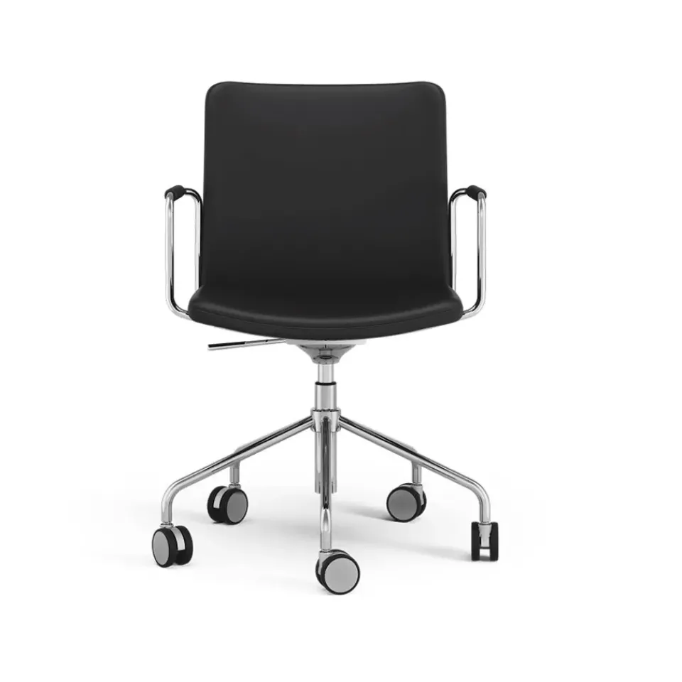 Office Chairs^Swedese Stella office chair can be raised/lowered with tilt, Leather elmosoft 99999 , chrome stand, leather-covered armrests, flexible back Black