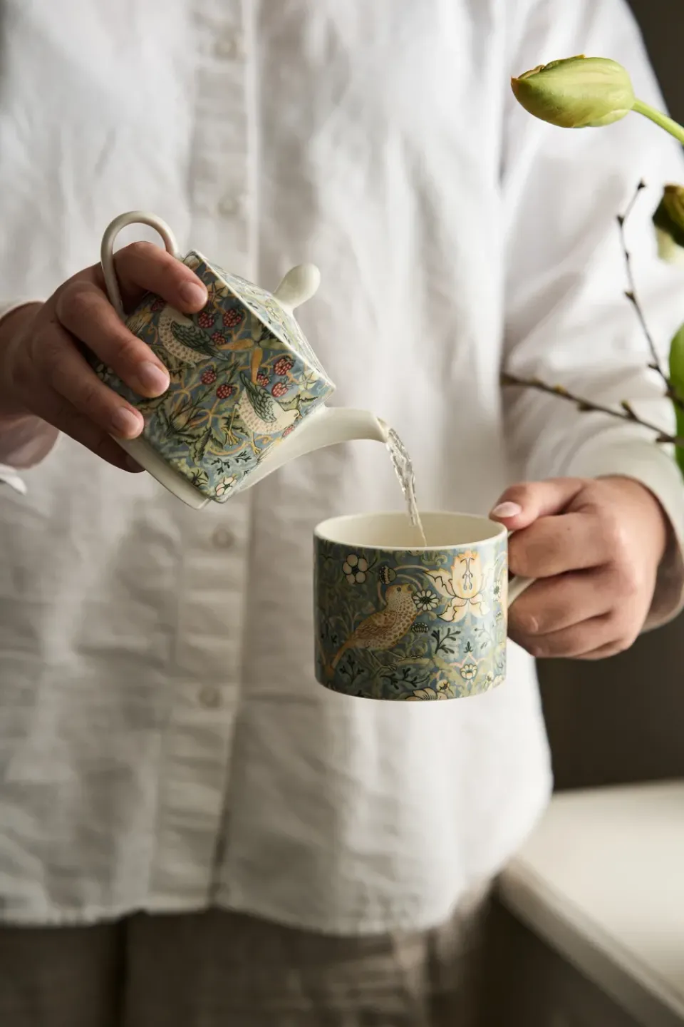 Teapots^Spode Strawberry Thief teapot and teacup, Grey Multi