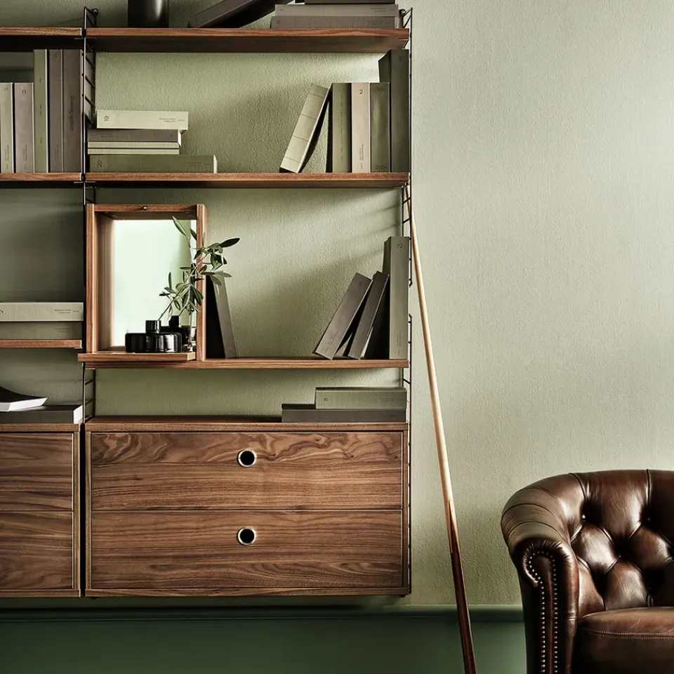 Best String schnapps cabinet, Walnut, inside of door stainless steel plate, mirrored glass back piece Brown