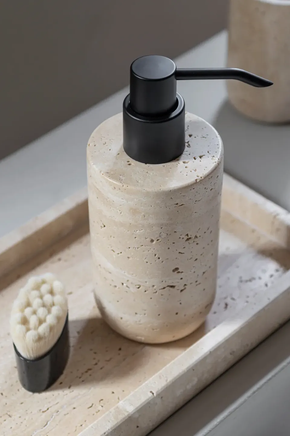 Soap Dispensers & Dishes^Mette Ditmer Travertine soap pump 17.5 cm, Linen Beige