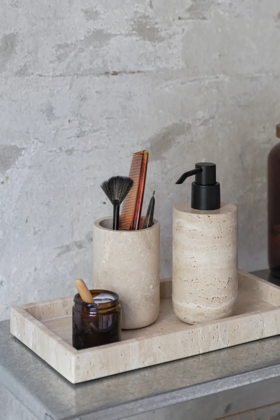 Soap Dispensers & Dishes^Mette Ditmer Travertine soap pump 17.5 cm, Linen Beige
