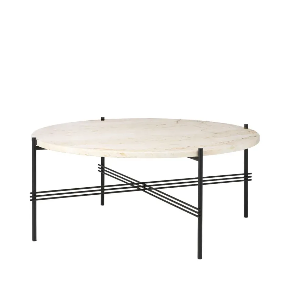 Coffee Tables^GUBI TS Round coffee table, Natural travertine, ø80, black stand White