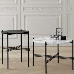 Coffee Tables^GUBI TS Round coffee table, Natural travertine, ø80, black stand White