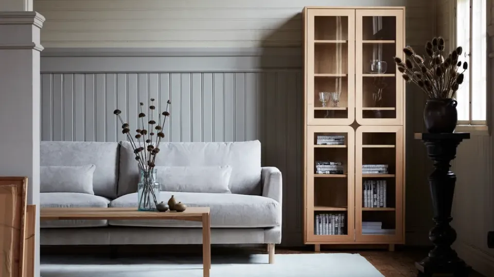 Display & Glass Cabinets|Display & Glass Cabinets^1898 Vidja hight display cabinet, White pigmented oak Beige
